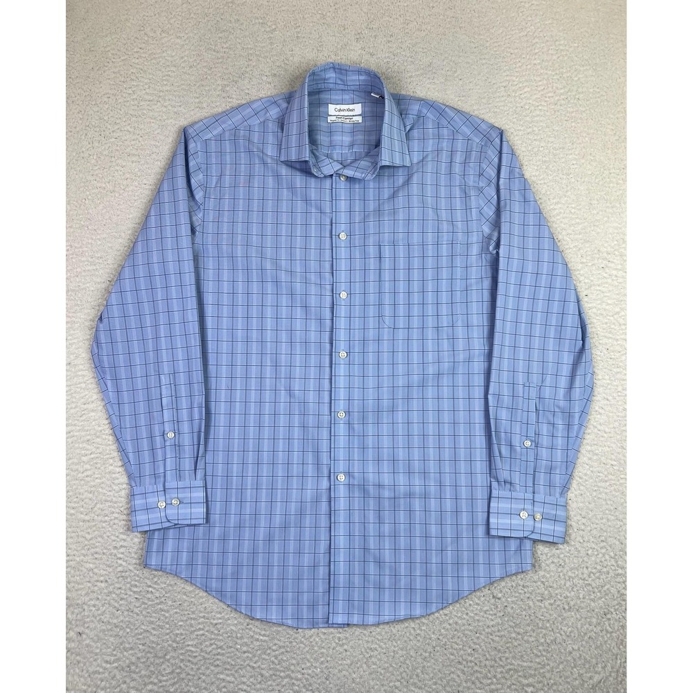 Calvin Klein Shirt Mens Medium Blue Plaid Wrinkle Free Stretch Fresh Comfort - Picture 2 of 10
